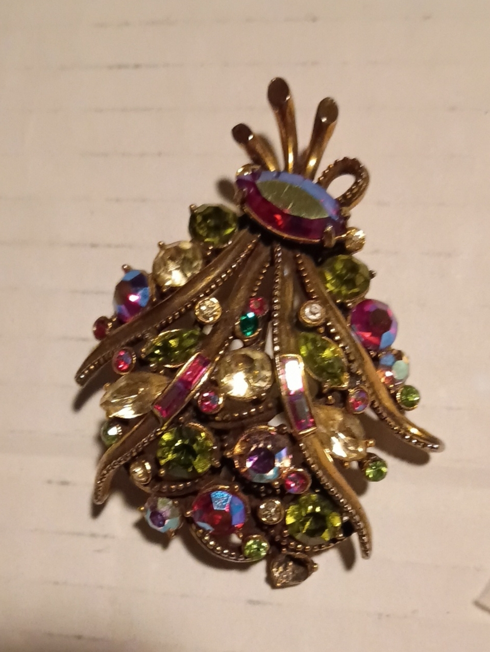 Vintage Hollycraft Brooch Multi Color Rhinestones Triangle Shaped copr 1950